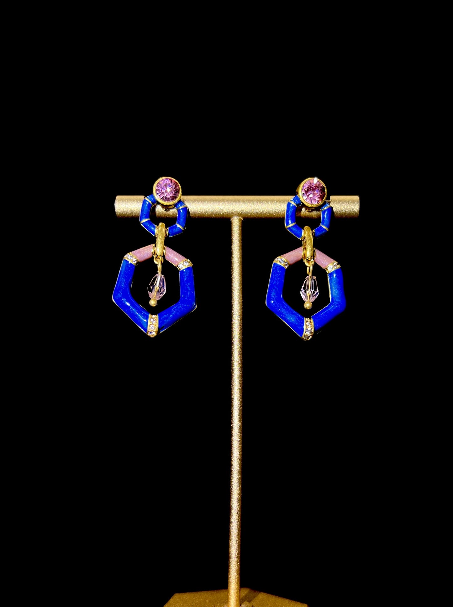 Blue Enamel & Pink Zircon Diamond Hollow Earrings: Stunning Elegance