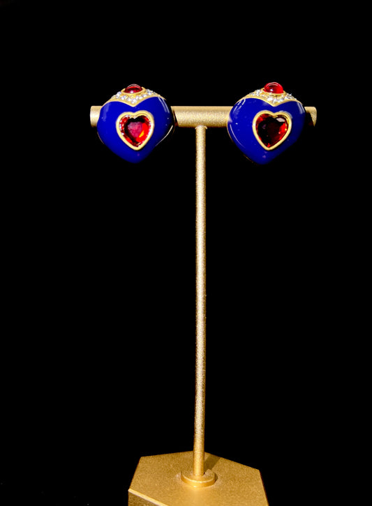 Blue-Wrapped Red Heart Earrings: Elegant Contrast