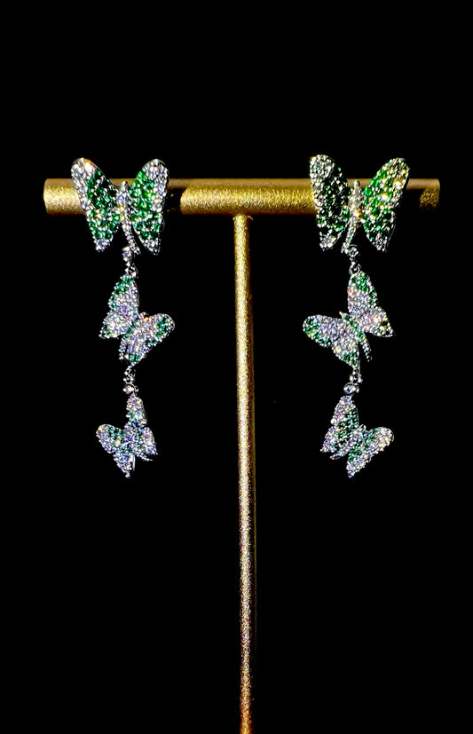 Exquisite Zircon-Decorated Green Butterfly Earrings: Light & Fine